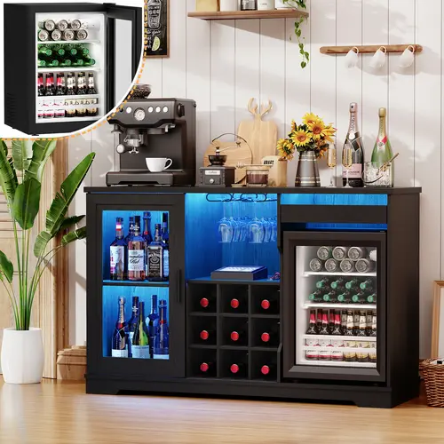 BROTTAR Coffee Bar Cabinet with Fridge, Liquor Cabinet with LED Lights & Glass Holder, Mini Fridge Cabinet with Wine Storage, Human Body Sensor, Sideboard Buffet Table for Kitchen Dining Room, Black