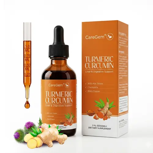 CareGem Turmeric Curcumin & Milk Thistle Blended Liquid Drops - Non-GMO Herbal Dietary Supplement for Liver Health Support, with Botanical Ingredients Dandelion, Chamomile, Black Pepper, Ginger, Orange Flavor, 2 fl oz (Milk Thistle Herbal Supplements) tik