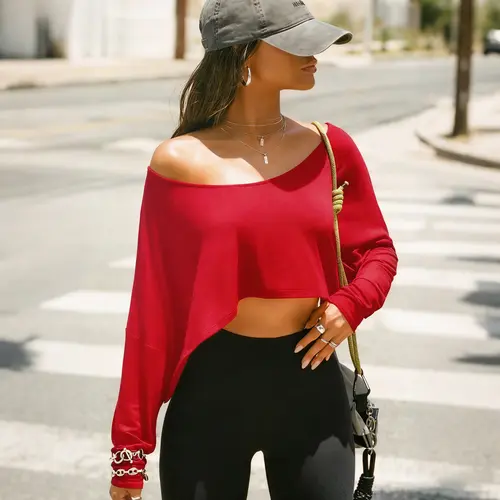 Fisoew Women's Off-Shoulder Long Sleeve Cropped Loose Batwing Asymmetrical Cute Top Trending Clothes for Everyday Casual Sports Wear Womenswear Clothes SohoChic