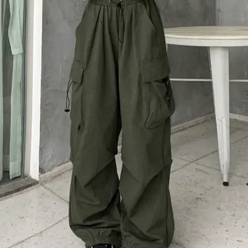 High Waist Wide Leg Flare Pants with Pockets, Elastic Loose Fit Everyday Workwear, Youth Y2K Kpop Style Jeans, Street Casual Wear for Dancing, Trouser, Womenswear