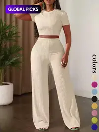 Women's Casual Basic Short Sleeve Top & Wide Leg High Waist Pants Set, Womenswear, Plain Pants Set, Pure Color Summer, Comfortable Daily Wear, Stylish Fashion Ensemble
