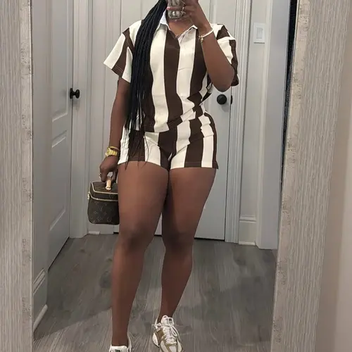 USBOUTIQUE CHIC Women's 2026 Spring Two Piece Set Striped Short Sleeve Top & Drawstring Shorts Casual Outfit for Comfort