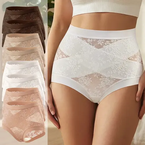 Morelect Women's 4/6/8-Pack Colorful High-Waisted Lace Briefs with Elastic Crisscross Front, Soft Breathable Lightweight Everyday Floral Print Underwear for Date-Night Lace Elegance