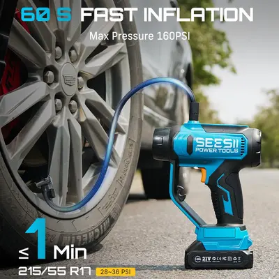 SEESII Portable Car Tire Inflator, 3-in-1 Portable Air Compressor Tire Inflator with Vacuum & LED Light, 150PSI Digital Gauge for Car/SUV/Motorcycle/E-Bike, Light Blue, T7 Max DealsForYouDays
