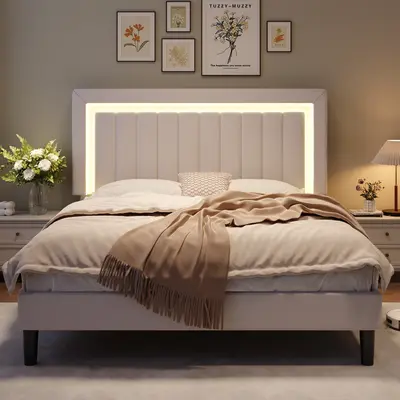HOOMIC LED Velvet Bed Frame with Adjustable Channel Tufted Headboard, Full & Queen & King Sizes,Sturdy Wood Slat Support , No Box Spring Needed, Pink/White/Black#TikTokShopDealsforYouDays#DealsforYouDays#Summervibes#Summergarden