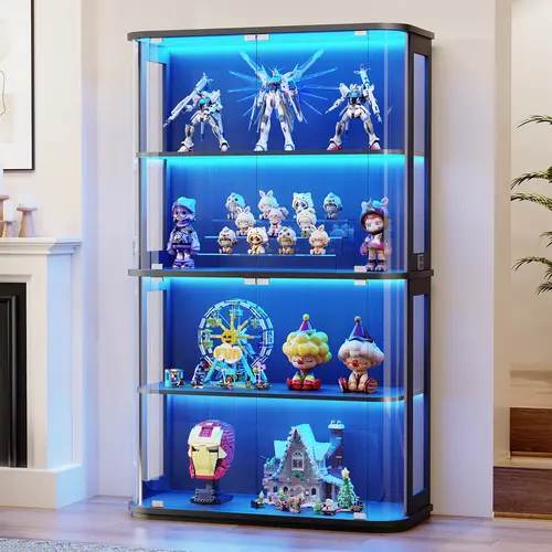 BROTTAR Wood Large Glass Display Cabinet with 3-Color LED Lighting, 4-Tier Curio Cabinet with Glass Panels & Transparent View, 30-40lb Per Shelf, Human Body Sensor, Black/White