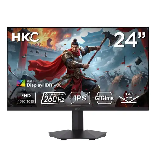 HKC G24H3D 23.8" 1920 x 1080 260Hz Gaming Monitor, Full HD Fast IPS Display, 1ms MPRT, 90% DCI-P3, HDR400, HDMI 2.0 + DP 1.4, Hardware Low Blue Light, Tilt Adjustable, VESA Mount – Black