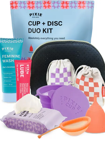 Pixie Menstrual Cup & Menstrual Disc Kit for Feminine Care - Reusable Period Cup & Disc with Cup Applicator, Disc Applicator & Water-Based Lubricant