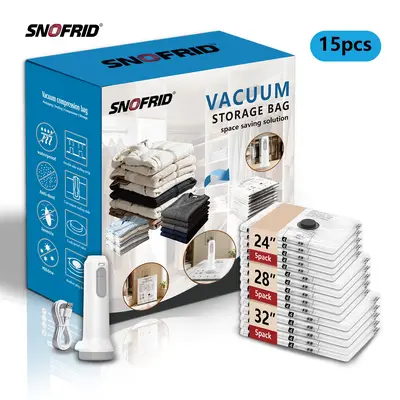 Snofrid Multi-Size Cordless Vacuum Storage Compression Bags - 15-Piece Space Saving Organizer Set with USB Rechargeable Handheld Pump, Waterproof Collapsible Light Packing Bags for Clothes, Airplane Carry-On, Home Organization Ideas