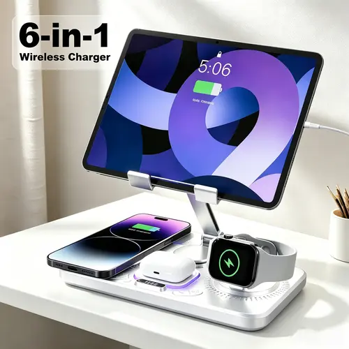 6-in-1 Adjustable Wireless-Wired Charging Stand, Foldable Portable Desktop Phone Accessory for iPhone 17-11 Pro Max, iWatch 11-SE, AirPods 4-Pro, Android Phones/Smartwatches, with Clock & Room Decor Compatibility,sohochic