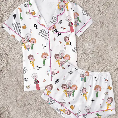 Golden Girls Classic Character Print Lapel Short-Sleeve Shorts Pajama Set, Comfortable Homewear, Party Gift, All-Season Fitted Casual Style