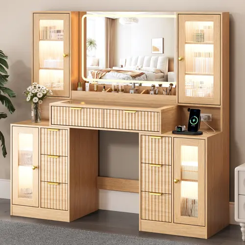 Fluted Makeup Vanity Desk with Mirror and Lights, 55" Glass Top Vanity with 8 Drawers & 4 RGB Glass Cabinets, Adjustable Shelves & Power Outlet, Modern Dressing Table for Women Girls Bedroom, Oak