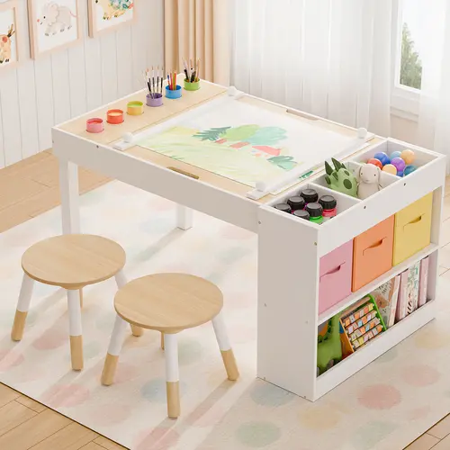 White Bamboo 5-in-1 Creative Hub Kids Furniture Art Table & Chairs Set - Convertible Play Desk with Hidden Storage, Paper Roll Clamp, Paint Cup Caddy for Toddler Playrooms, Holidays, Interior Room Use