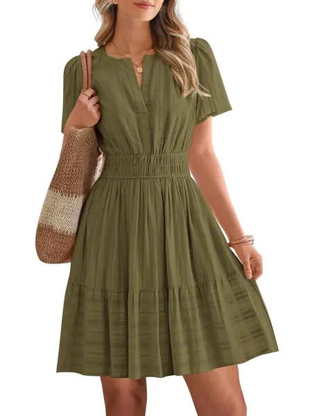 BTFBM Womens Spring 2026 Casual Mini Dresses Lightweight Short Sleeve V Neck Elastic Waist Cute Boho Beach Dress Pockets