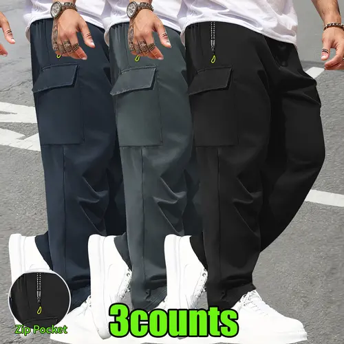 Men's Plain Cargo Pants - Multi-Pocket, Straight Leg, Non-Stretch Woven Polyester Fabric, Adjustable Drawstring Waist, Cuffed Hem, Fitted Cut, All-Season Menswear Basics, Activewear, Casual Outdoor Workwear,first day of school outfits
