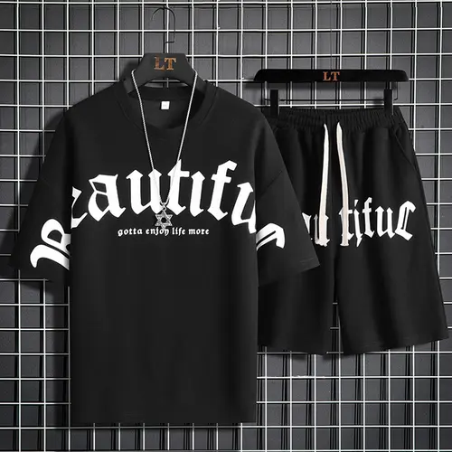 Men's Basic Crew Neck Fitted Letter Print 2-Piece Shorts & Top Set, Preppy Casual Drawstring Shorts for Summer Menswear Clothing Sets