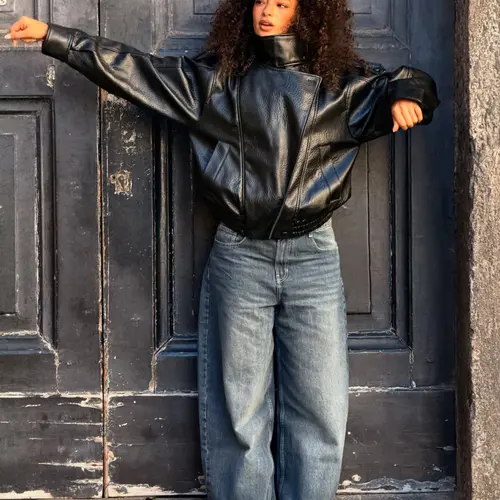 Women's Stand Collar Faux Leather Jacket, Streetwear Casual Style Outerwear Long Sleeve Coats for Spring & Fall, Waterproof & Windproof Clothes for Daily Wear, Oversized Jacket, Casual Fashionable Outerwear, Casual Collared Outerwear
