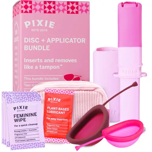 Pixie 2 Menstrual Discs and Applicator Bundle for Feminine Care - 100% Medical-Grade Silicone - Softest Reusable Period Disc - Inserts and Removes Like a Tampon - Capacity of 5 and 7 Tampons