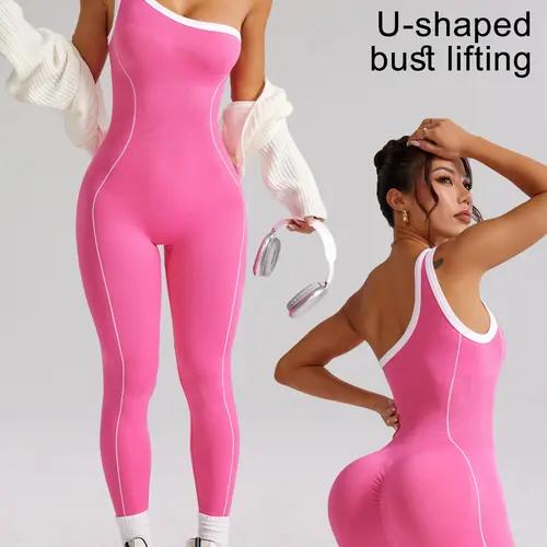 Women's Seamless High Elastic Yoga Jumpsuit, Colorblock Asymmetrical Shoulder, Sporty Fitness All Seasons, Slimming and Energizing, Yoga Workout Jumpsuits, Sports Jumpsuit, Stretchy High Elasticity Jumpsuit