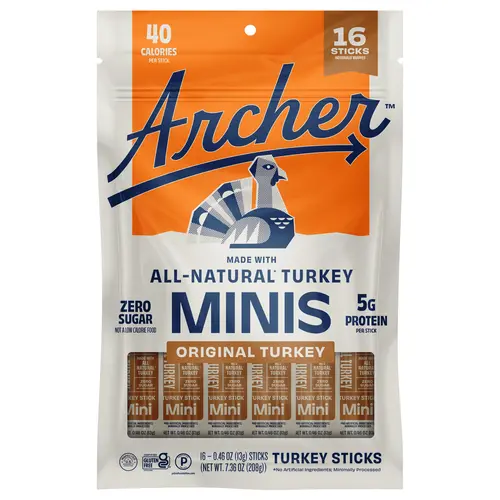 Archer Jerky Original Turkey Mini Sticks - 16ct, 5g Protein, 0 Sugar, Paleo All-Natural Dry High Protein Turkey Dried Meat Snacks, High Protein Snacks