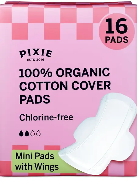 Pixie Organic Cotton Ultra Thin Mini Pads for Teens - Liners with Wings - Light Absorbency Menstrual Pads - Hypoallergenic, Unscented & Biodegradable for Feminine Care - FSA Eligible - 16 Count