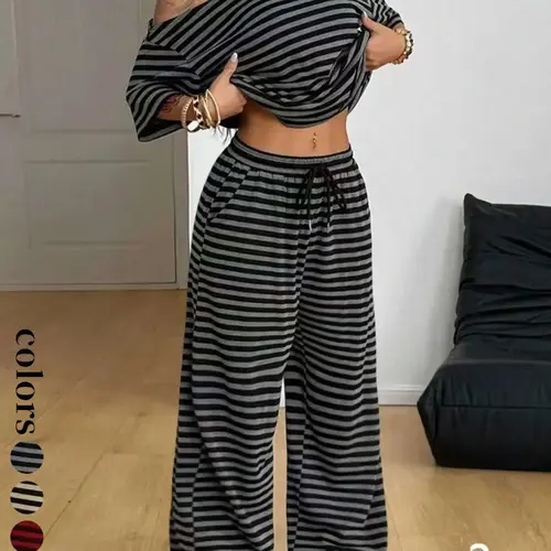 Women's Casual Streetwear Two-Piece Set, Comfortable Shoulder-Exposed Top & Wide-Leg Pants, Daily Wear Sportswear, Striped Workout Set
