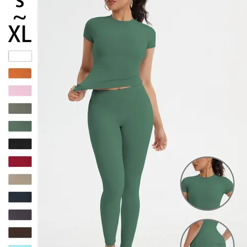 Women's Sportswear Set, high stretch activewear, Slim-Fit Round Neck Short Sleeves & High-Waisted Yoga Pants, Ideal for Gym Running Outdoor Activities, Stretchy Sports Outfit