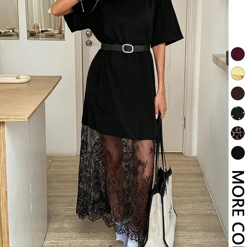Solid Color Crew Neck Short Sleeve Loose Casual Lace Dress, Suitable For Everyday Outings And Commuting Airport Outfit Women Old Money Dress Going Out Dress Teacher Outfits Dresses For Women Elegant (Belt Not Included)