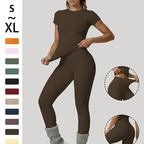 2-Piece Set Soft Moisture-Wicking Round Neck Short Sleeve Top & Elastic Yoga Pants, Comfortable Sportswear for Fitness, Running, Outdoor Activities, Workout Sets Women
