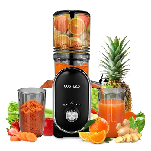 SUSTEAS Cold Press Countertop Juicer - 5.3" Whole Fruit Large Feed Opening Slow Masticator, High Yield, Dual High-Quality Filters, Stainless Steel, Pulp Control, Included Brush Makes Cleanup Faster, Fresh Juice With Less Hassle, Kitchen Appliance,sohochic