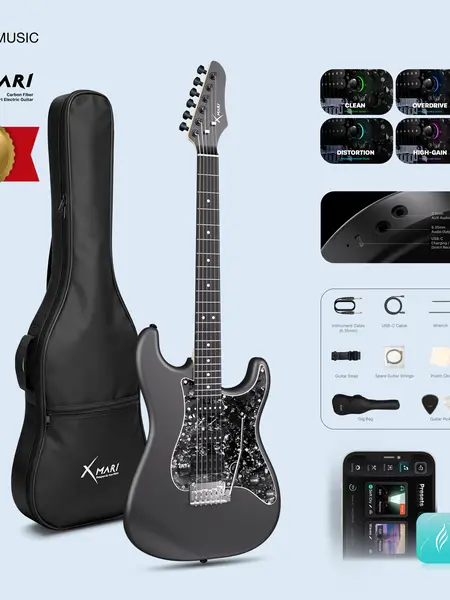 Xmari Smart Electric Guitar Kit - Carbon Fiber Body, Alnico Pickups with Coil Split, 4 DSP Effects, No Built-In Amp, USB-C OTG Recording, Headphone Jack, App Control, Super Strat Design for Creating, Gig Bag, Strap, Cable & Picks #backtoschool