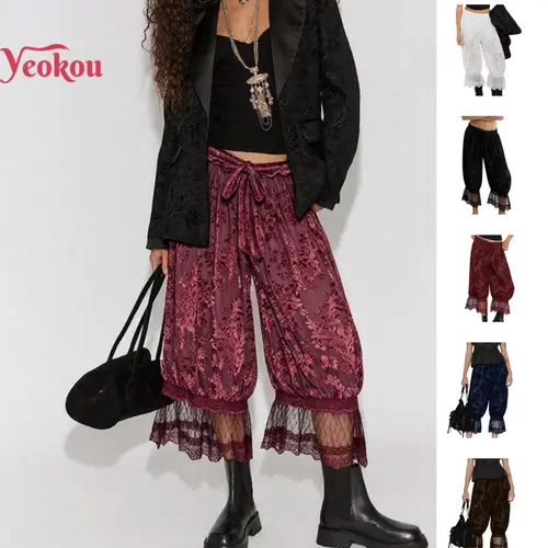 Yeokou Women's Vintage Lace-Trimmed Bloomers - Bohemian Cropped Baggy Legged Bottoms, Polyester-Nylon Boho Fashion Trousers, Casual Loose Hippie Earthy Pants for Women, Bottom,sohochic