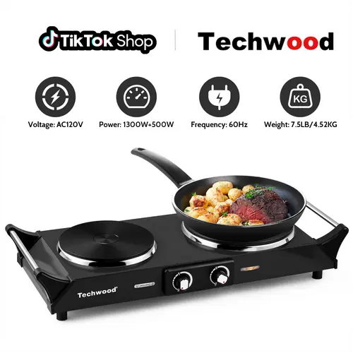 Techwood 1800W Power Induction Precision Hobs - Portable Electric Double Burner Hot Plate, Compact Flat Black Stainless Steel Countertop Range, Knob Control, Cool Touch Handle, Adjustable Temp, All-Cookware Compatible, US Plug,sohochic