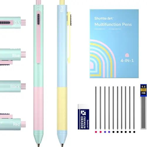 Shuttle Art 4 in 1 Gravity-Activated Multicolor Pen, 2 Pack Retractable Ballpoint Pens with 1.0mm Black Blue Red Ink and 0.5mm Mechanical Pencil, Multifunction Pens Fresh Style Gift Set for Writing School Office Home