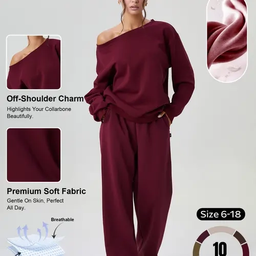 Women's Solid Color Off-Shoulder Long Sleeve Top & Wide-Leg Trousers Co-ord Set, Casual Minimalist Loose Two-Piece Set, Soft Loungewear, Basic Outfits, Womenswear