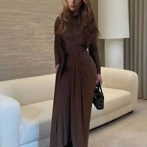 LikeMyChoice Asymmetric Design Pleated Long Sleeve Maxi Dress Elegant Asymmetrical Leg Womenswear