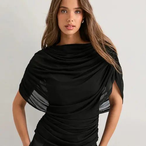Women's Fashion Sheer Ruched Mesh Top, Lightweight Drape Design Urban Style, Perfect for Daily Wear or Outdoor, Versatile Stylish Item