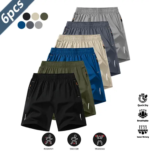 Men's 6-Pack Fitted Casual Athletic Shorts - Quick-Dry, Comfortable, Breathable, Lightweight, Anti-Wrinkle Polyester Blend Solid Color with Reflective Strips for Running, Gym Workout, Active Use, Ping Pong