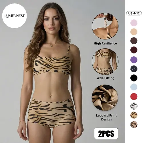 LUMENNEST Women's Soft Minimalist Leopard Print Thin Strap Bralette & Knicker Set, Versatile Seamless Smoothing Lingerie & Underwear Set