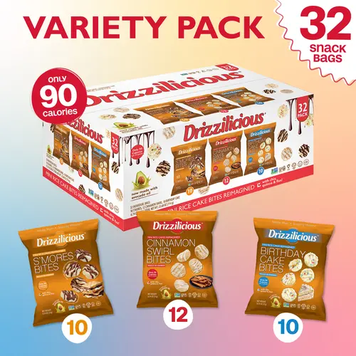 32 Pack - Drizzilicious - Variety Pack Mini Rice Cakes [S'mores, Cinnamon Swirl, Birthday Cake] Only 90 Calories Per Bag - .74 oz