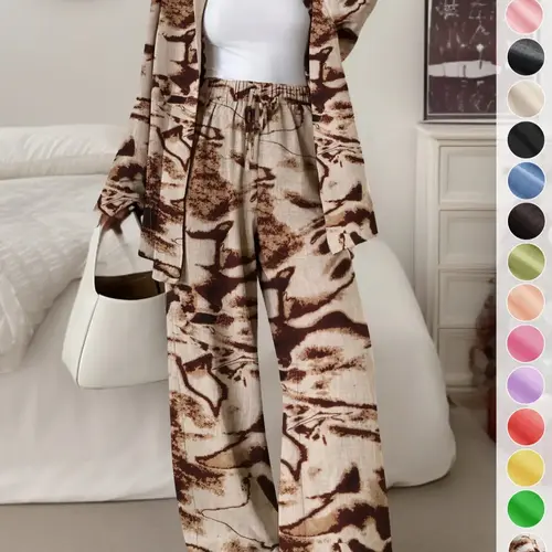 Women's Loose Fashion Zebra Striped Two-Piece Set Suit, Two Pieces Sets, Womenswear, Casual Long Sleeve Shirt and Wide-Leg Pants for Spring & Fall, High Waist Adjustable Drawstring Design Trousers