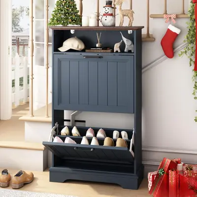 PieDle Shoe Storage Cabinet with 2-4 Flip Drawers, 24" W Farmhouse Modern Hidden Shoes Rack with Adjustable Shelves & Open Storage, Narrow Slim Shoe Organizer for Front Door Entrance, Entryway