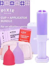 Pixie 2 Menstrual Cups and Applicator Bundle for Feminine Care - 100% Medical-Grade Silicone - Softest Reusable Period Cup - Inserts Like a Tampon - Capacity of 4 and 6 Tampons