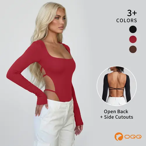 OQQ Women's Lady Sexy Fitted Long Sleeve Square Neck Back-Cutout Criss-Cross Back Bodysuit - Trendy Tops for Thanksgiving, Easter, Night Out, Clubbing,sohochic