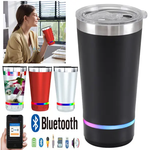 16oz Stainless Steel Insulated Travel Tumbler Mug with Portable Bluetooth Speaker, Rechargeable Wireless Multi-Color LED Lights, Ideal for Work, Outdoors, Party Adults, Great Gift for Him