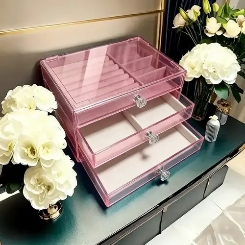 3-Layer Velvet Jewelry Organizer with Drawer, Lockable Large-Capacity Storage Rack Jewelry Box, Home Organizer Storage Bin, Gifts for Women