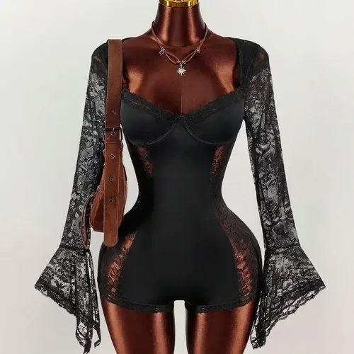 Women's 2000s Fall Contrast Lace Waist Halloween Spaghetti Strap Bodysuit With Long Flare Sleeves And Sheer Side