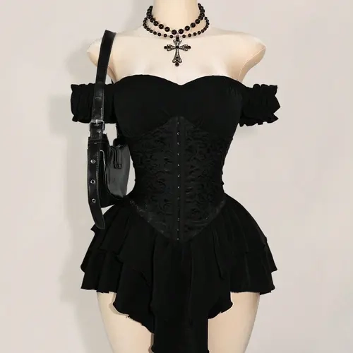 Women's Halloween Gothic Off-Shoulder Chiffon A-Line Mini Dress Costume, Ruched Jacquard Waist, Ruffle Trim, Dark Romantic Spooky Party Outfit