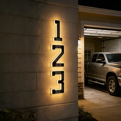 ISUNMEA 6.7in Solar Lighted House Numbers for Outside, Waterproof LED Address Signs with ABS, 9h Solar Runtime, 9h Night Lighting, Modern Backlit Exterior Decor for Home Decor, Warm Night Glow