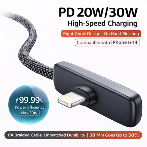 PD30W Right Angle USB-A to Lightning Charger, Braided Durable Fast Charging Cable for Gaming, Stable & Safe Charging, Hands-Free, Compatible with iPhone 6-17 Pro Max, iPad, AirPods, 3.3ft/6.6ft